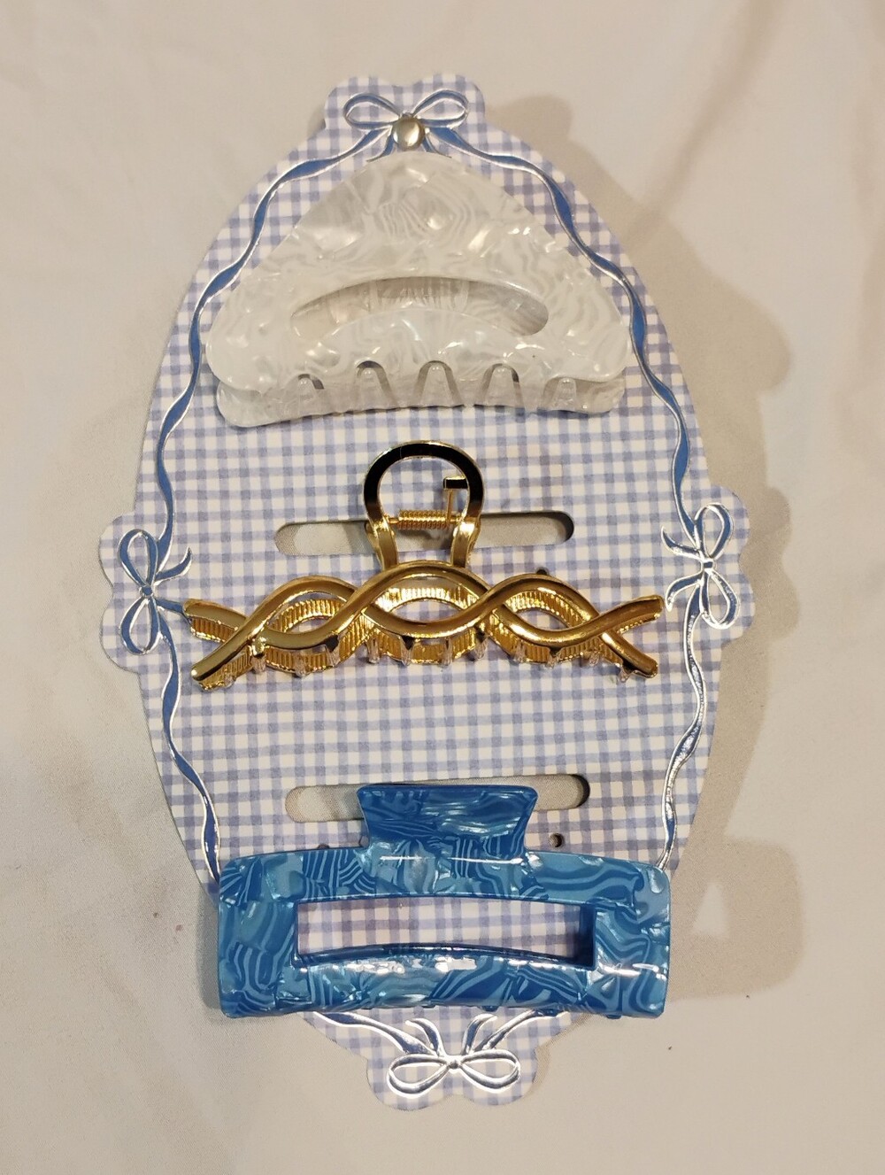 Set of 3 Decorative Hair Claws in White, Gold & Blue